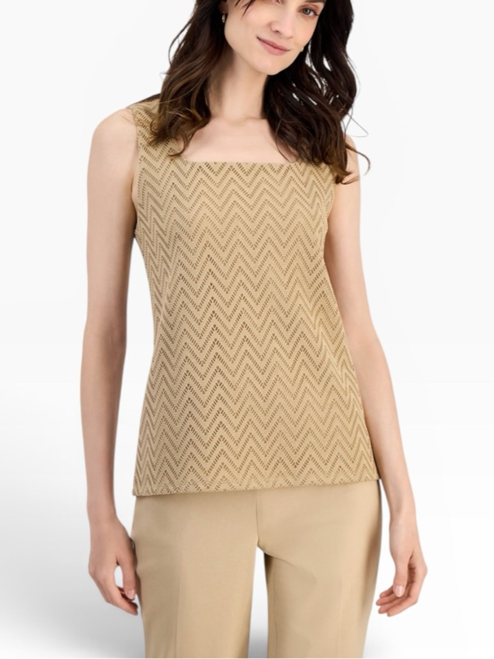 Kasper Women's Herringbone Square-Neck Top Sleeveless Tan NEW Size XL